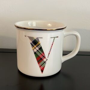 Pottery barn Plaid Alphabet Stoneware Mug Letter V